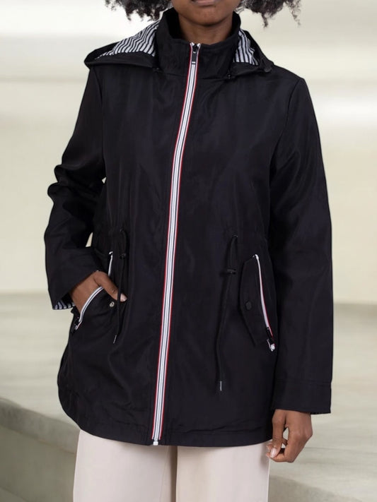 New Lolo - Manteau mi long léger imperméable noir capuche intérieur marin