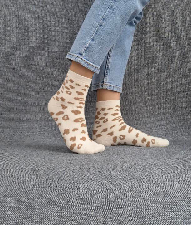 Nouveautés - Chaussettes beige en coton à motif léopard marron