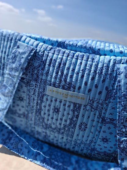 Sac week-end polochon en coton matelassé bleu design paisley bleu marine