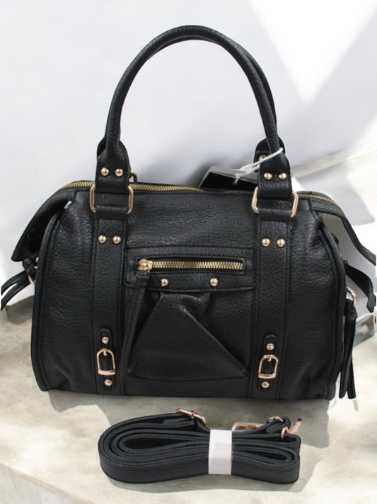 Sac à main en simili cuir noir avec détails métalliques dorés