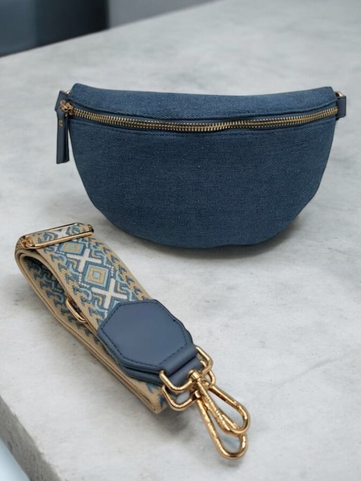 Nouveautés - Sac banane bleu denim avec sangle fantaisie