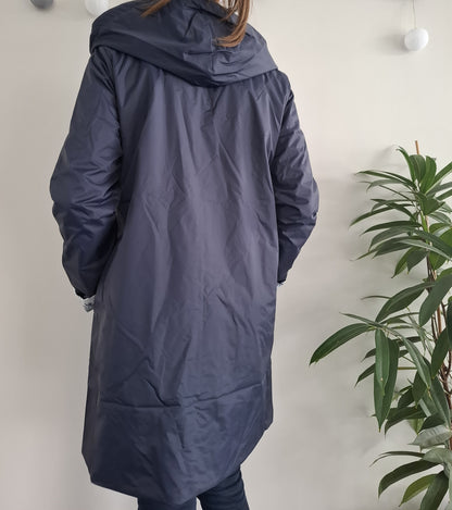 Laura Jo - Imperméable bleu marine réversible motif jungle long mi-saison garnissage ouate