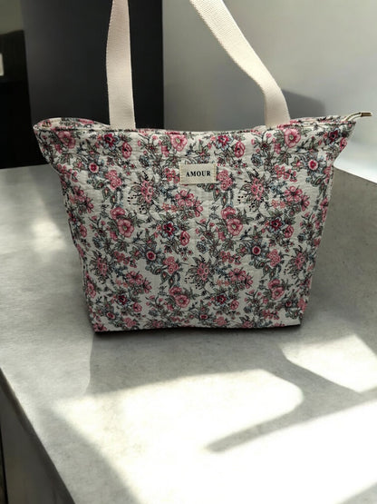 Sac cabas porté épaule en coton liberty fleuri noir rose crème