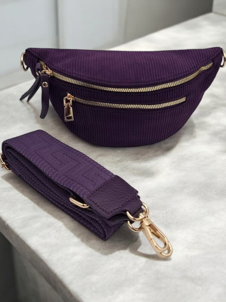 Sac banane velours côtelé 2 poches violet sangle fantaisie