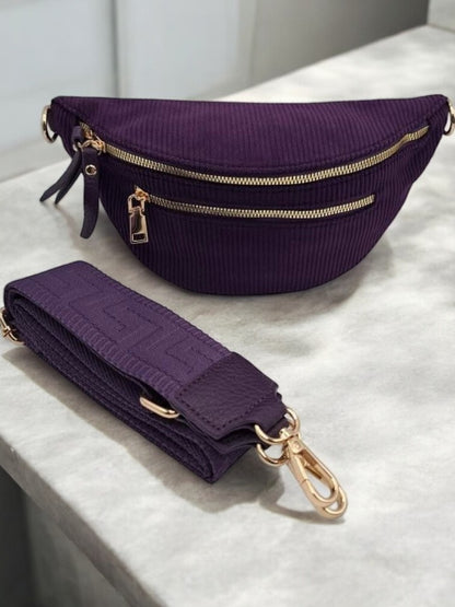 Sac banane velours côtelé 2 poches violet sangle fantaisie