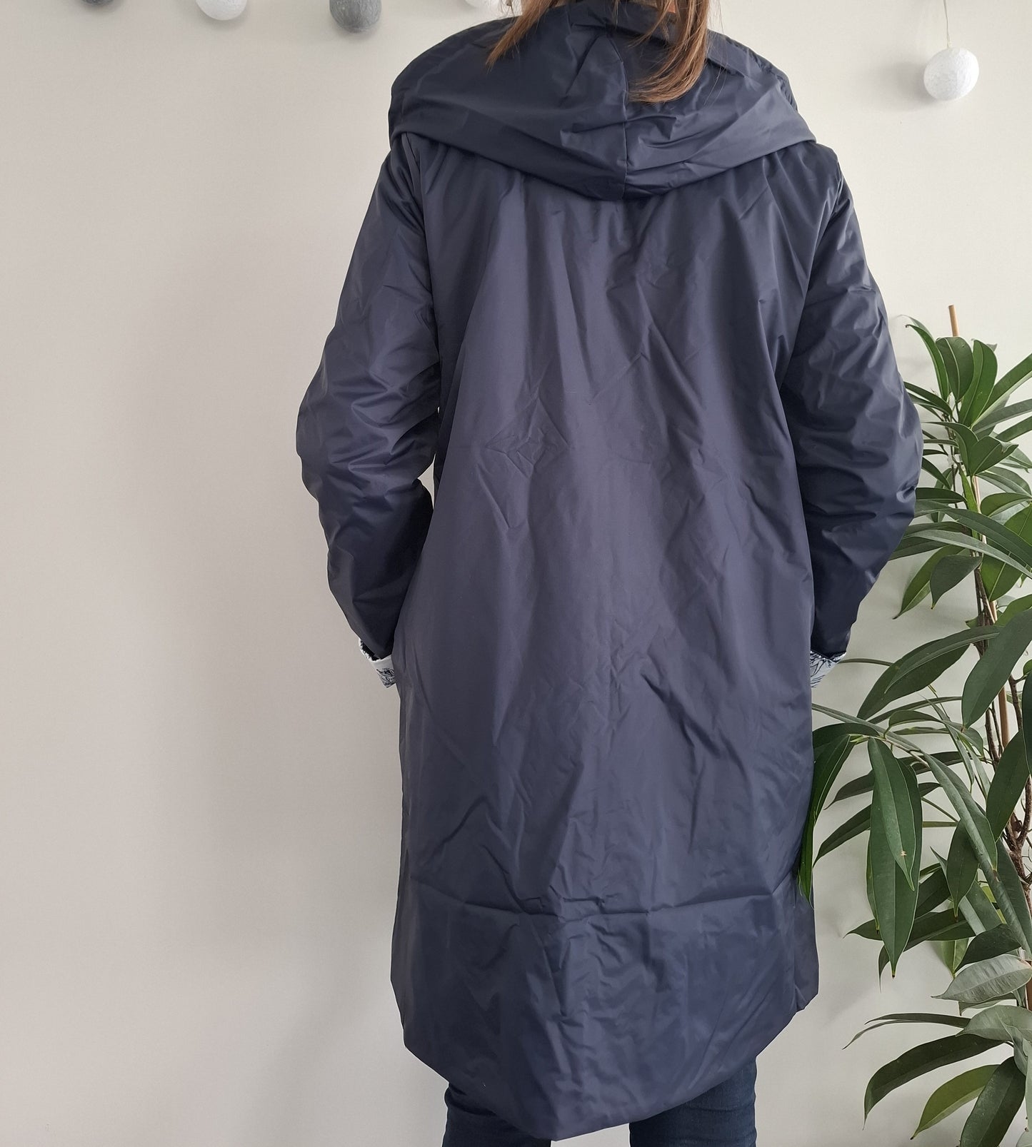 Laura Jo - Imperméable bleu marine réversible motif jungle long mi-saison garnissage ouate