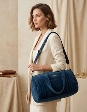 Sac Polochon Velours Matelassé Bleu Canard