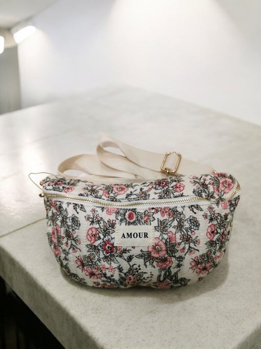 Nouveautés - Sac banane blanche en coton liberty fleuri noir et rose