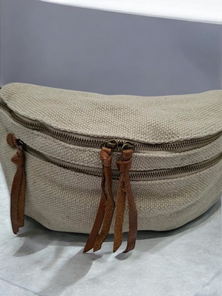 Nouveautés - Sac banane en jute beige 2 poches doubles curseurs