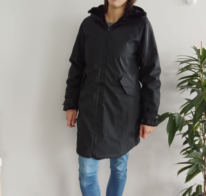 Melya Melody - Manteau long mi cuisses type ciré imperméable fourré réversible noir