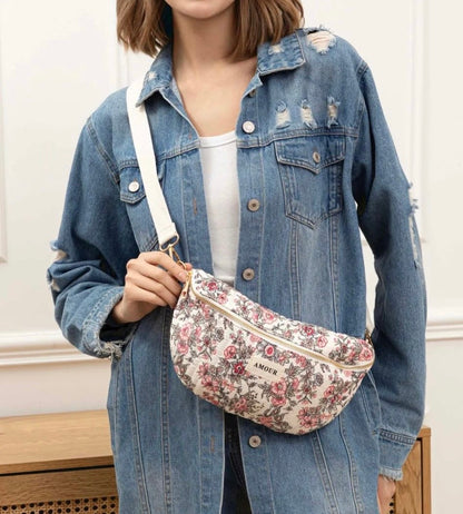 Nouveautés - Sac banane blanche en coton liberty fleuri noir et rose