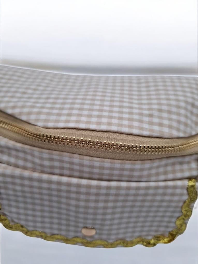 Sac banane en coton motif vichy beige et blanc 2 poches