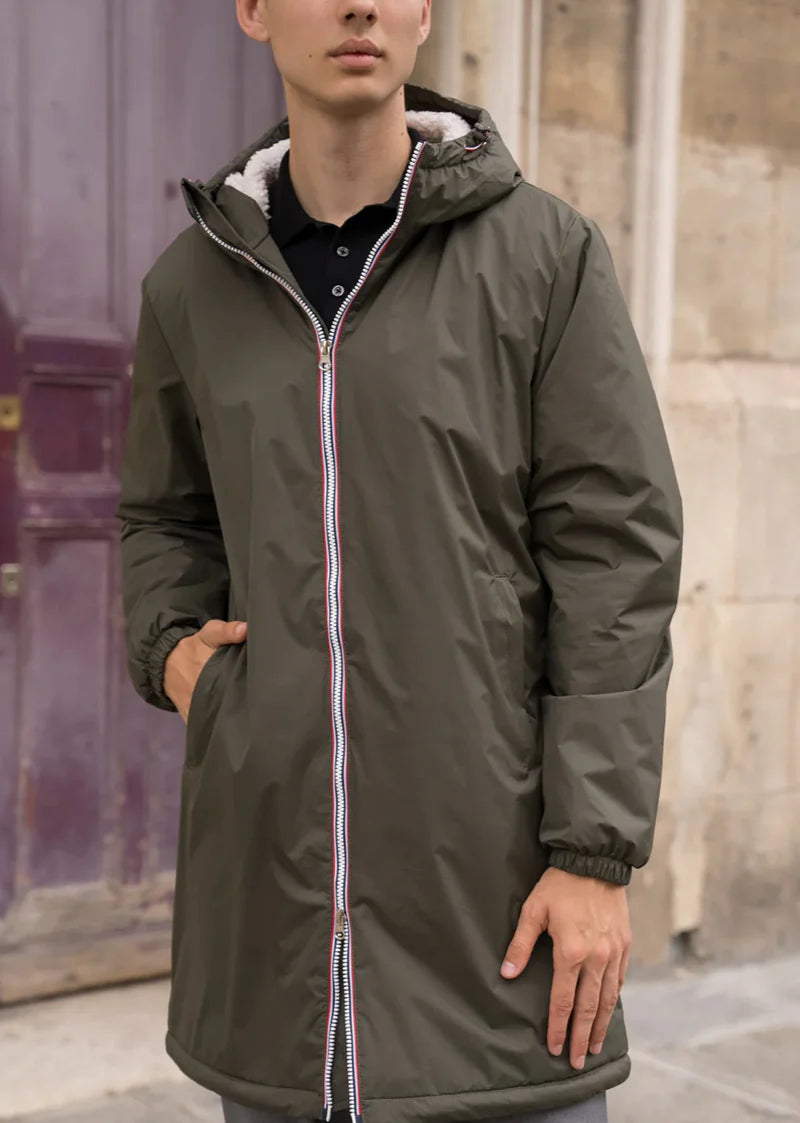 Laura Jo - Manteau imperméable kaki HOMME fourré long, doublé en sherpa blanc