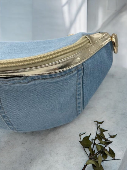 Sac banane tissu jean clair et doré