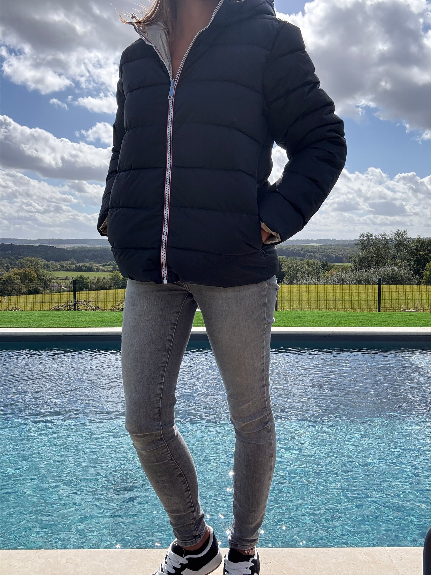 Doudoune manteau imperméable court réversible matelassé noir doré