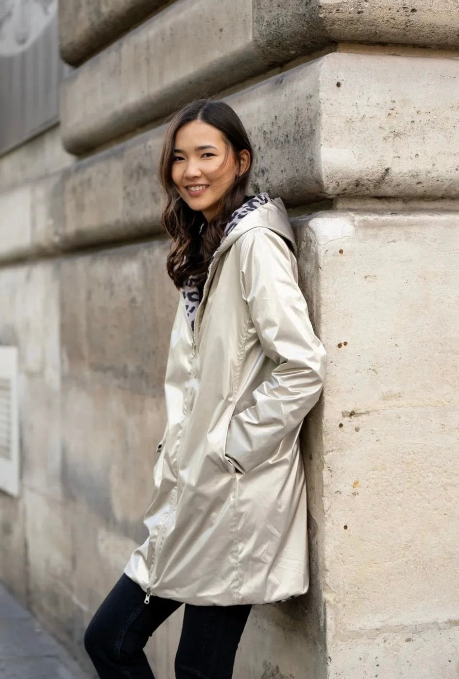 Laura Jo - Imperméable réversible long mi-saison garnissage ouate doré/léopard