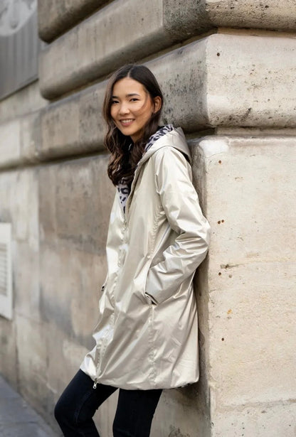 Laura Jo - Imperméable réversible long mi-saison garnissage ouate doré/léopard