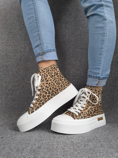 Chaussures baskets hautes en tissu toile leopard marron beige semelles compensées