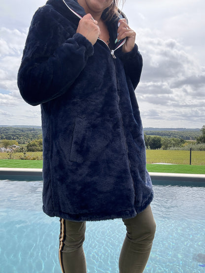New Lolo - Manteau long bleu marine réversible imperméable fourré fausse fourrure - Curvy