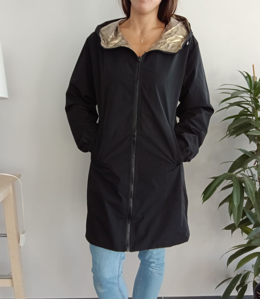 Melya Melody - Manteau long mi cuisses réversible et imperméable léger noir doré léopard