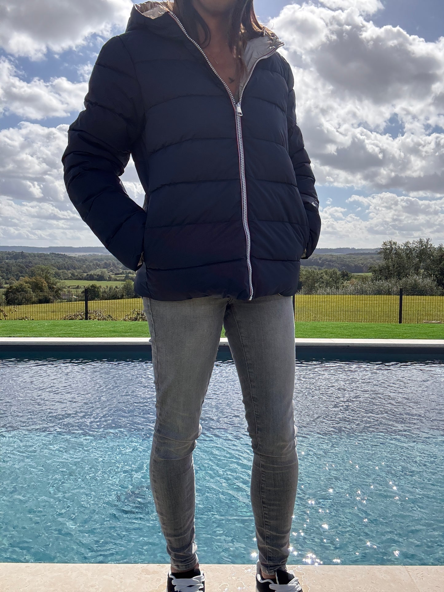 Doudoune manteau imperméable court réversible matelassé bleu marine doré