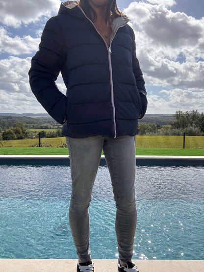 Doudoune manteau imperméable court réversible matelassé bleu marine doré