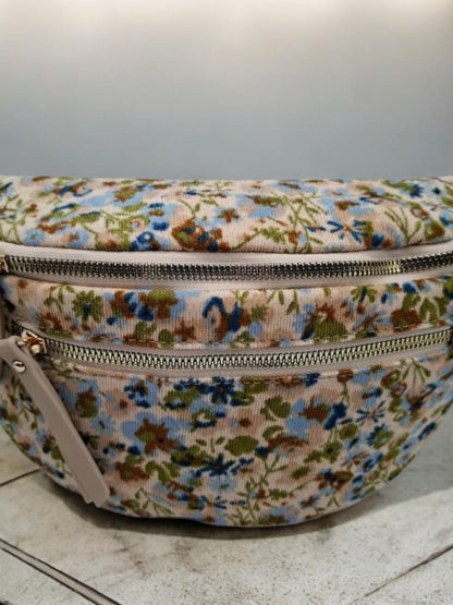 Sac banane velours côtelé très fin fleuri liberty beige avec porte-monnaie assorti