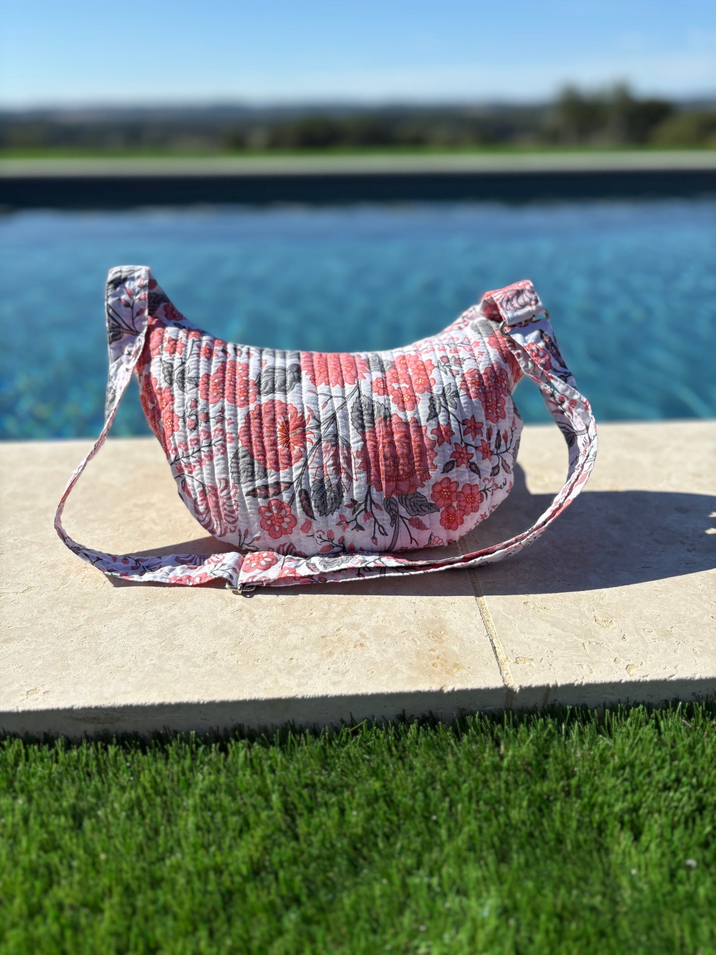 Sac banane en coton fin sans doublure fleuri rose et gris