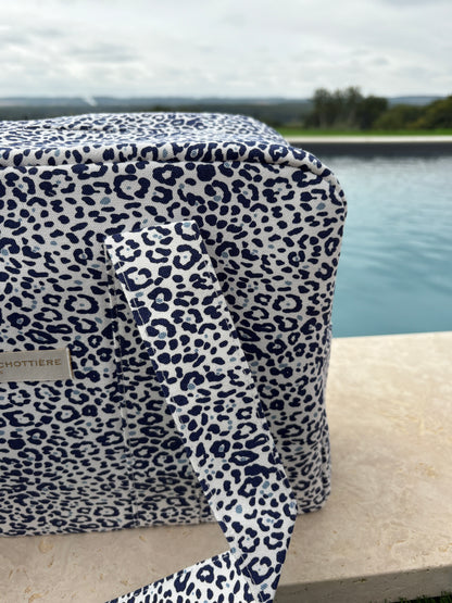 Sac week-end de voyage polochon coton fin léopard bleu marine blanc