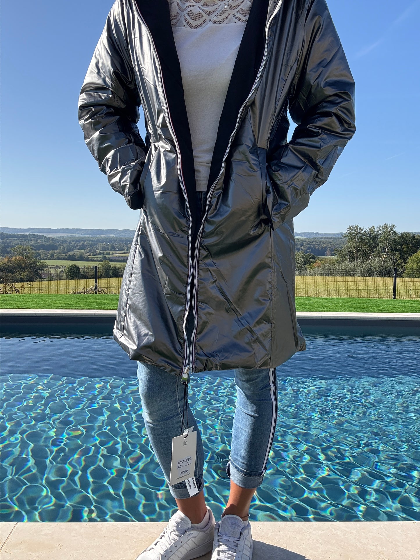 Melya Melody - Imperméable réversible long avec garnissage ouate couleur noir/argenté - Curvy