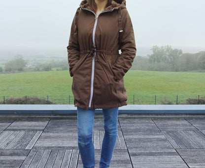 New Lolo - Manteau long MARRON réversible, imperméable et complètement fourré resserrable à la taille