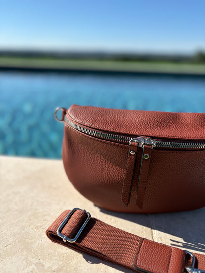 Sac banane simili cuir marron double fermeture