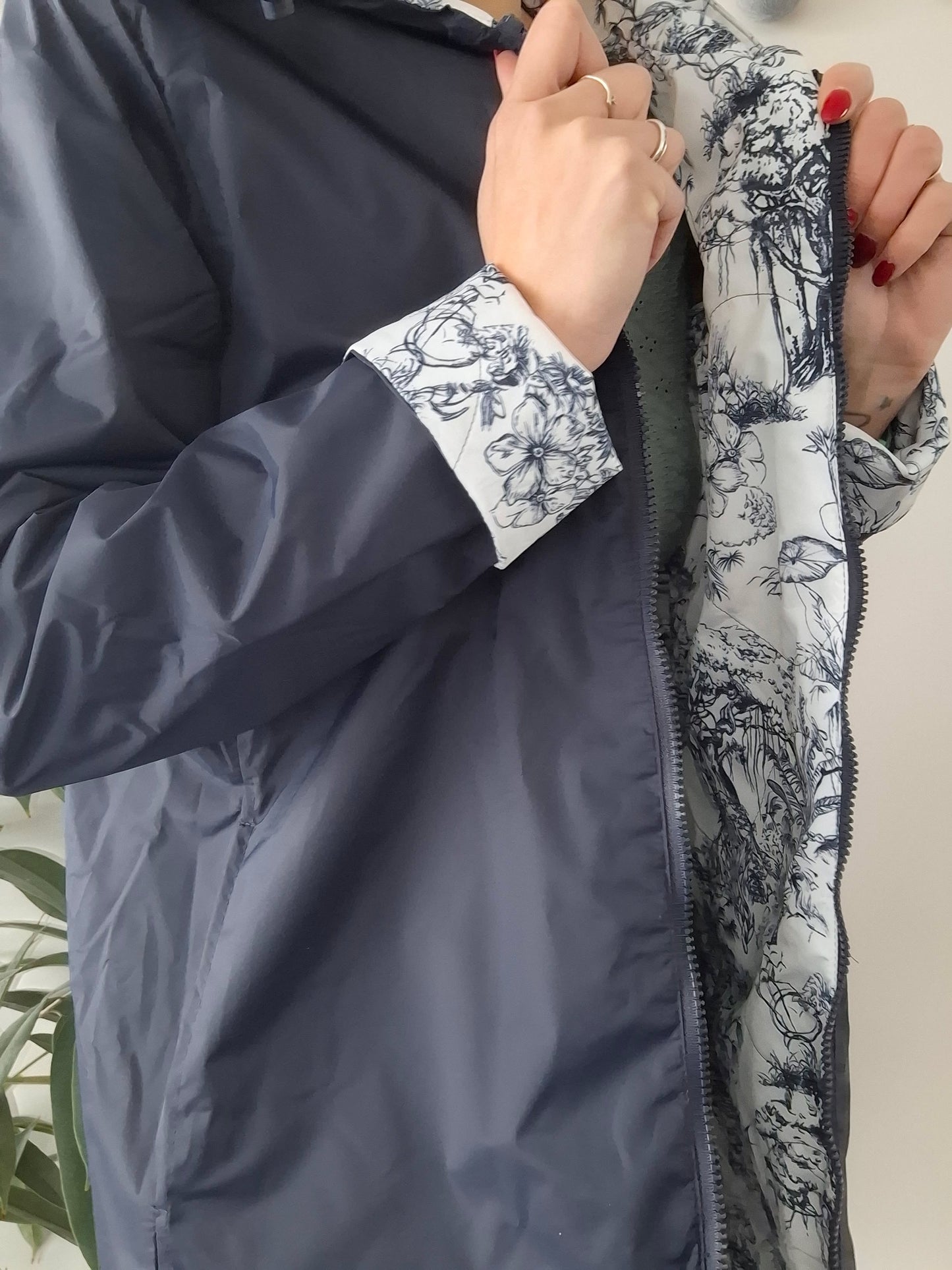 Laura Jo - Imperméable bleu marine réversible motif jungle long mi-saison garnissage ouate