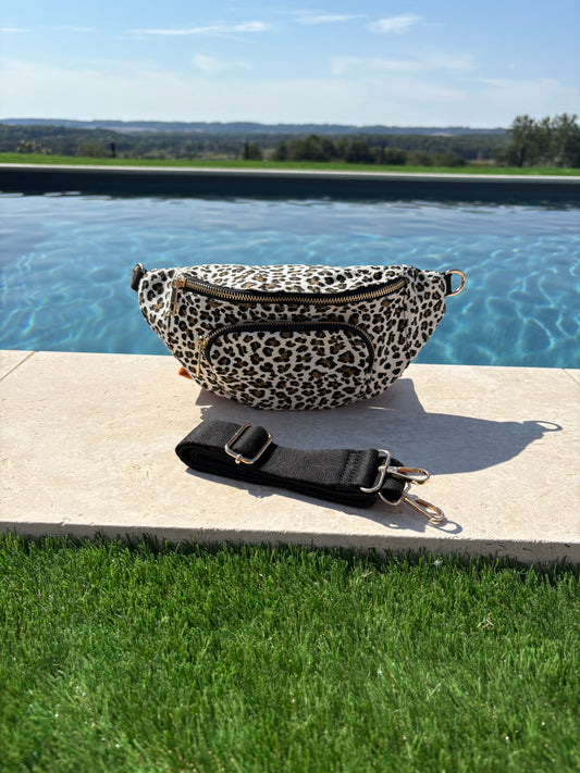 Sac banane en tissu imprimé léopard blanc 2 poches