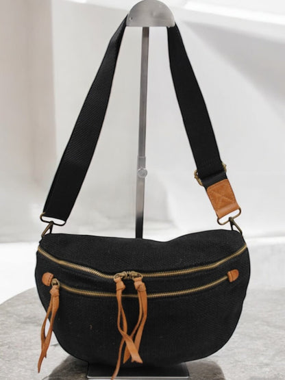 Sac banane en jute noir 2 poches doubles curseurs