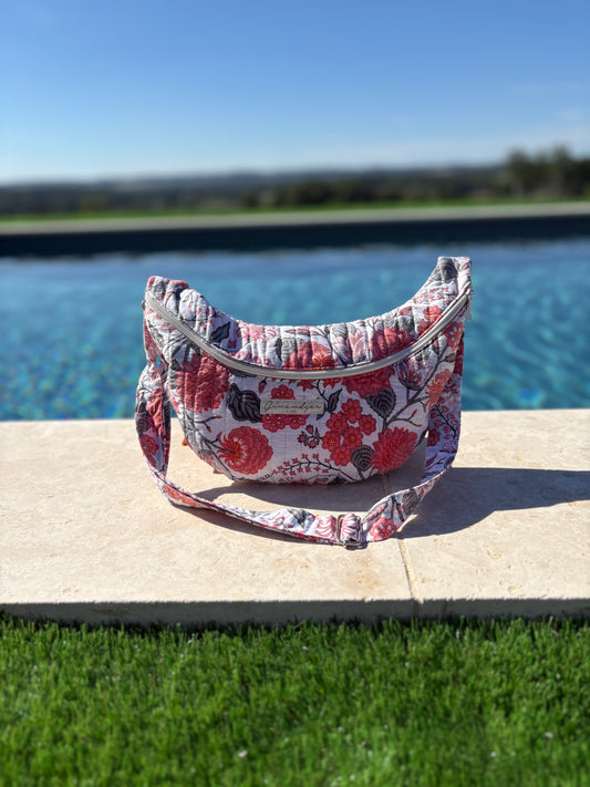 Sac banane en coton fin sans doublure fleuri rose et gris