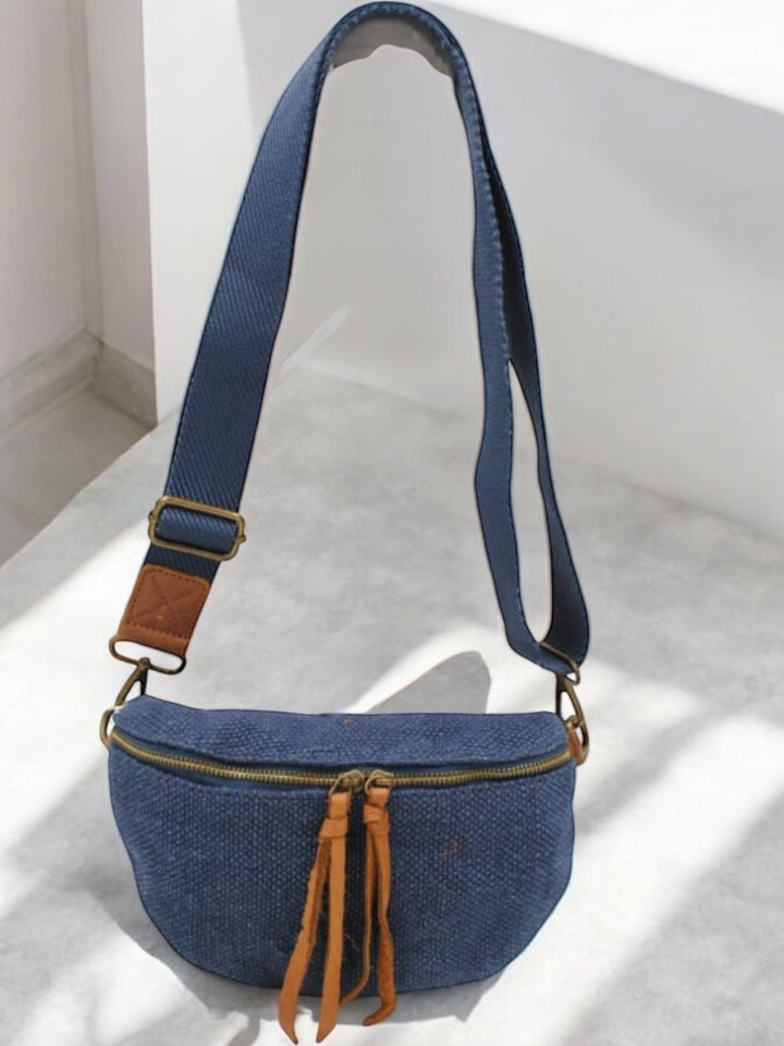 Nouveautés - Sac banane en jute bleu denim 1 poche doubles curseurs