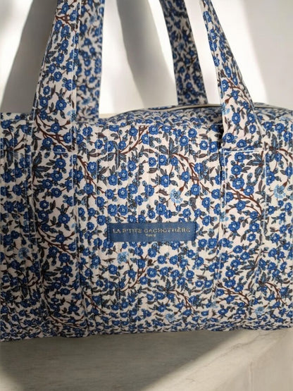 Sac week end de voyage polochon coton matelassé imprimé fleuri bleu marine