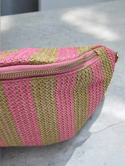 Sac banane tressé raphia beige et rose