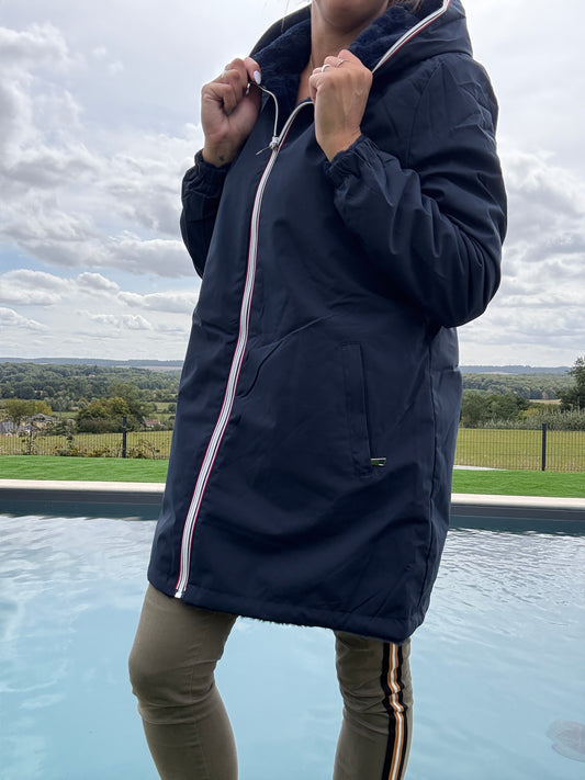 New Lolo - Manteau long bleu marine réversible imperméable fourré fausse fourrure - Curvy