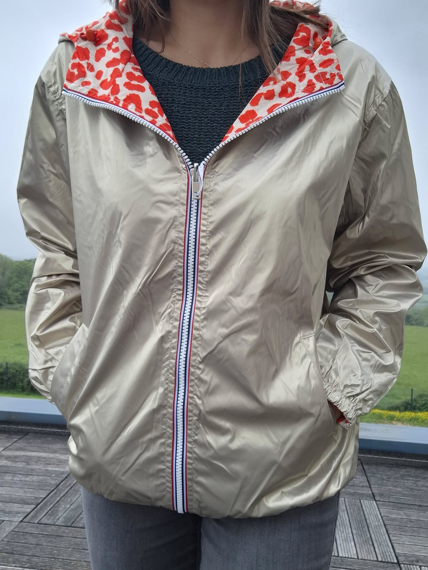 Escandelle - Parka imperméable courte Léopard orange réversible doré