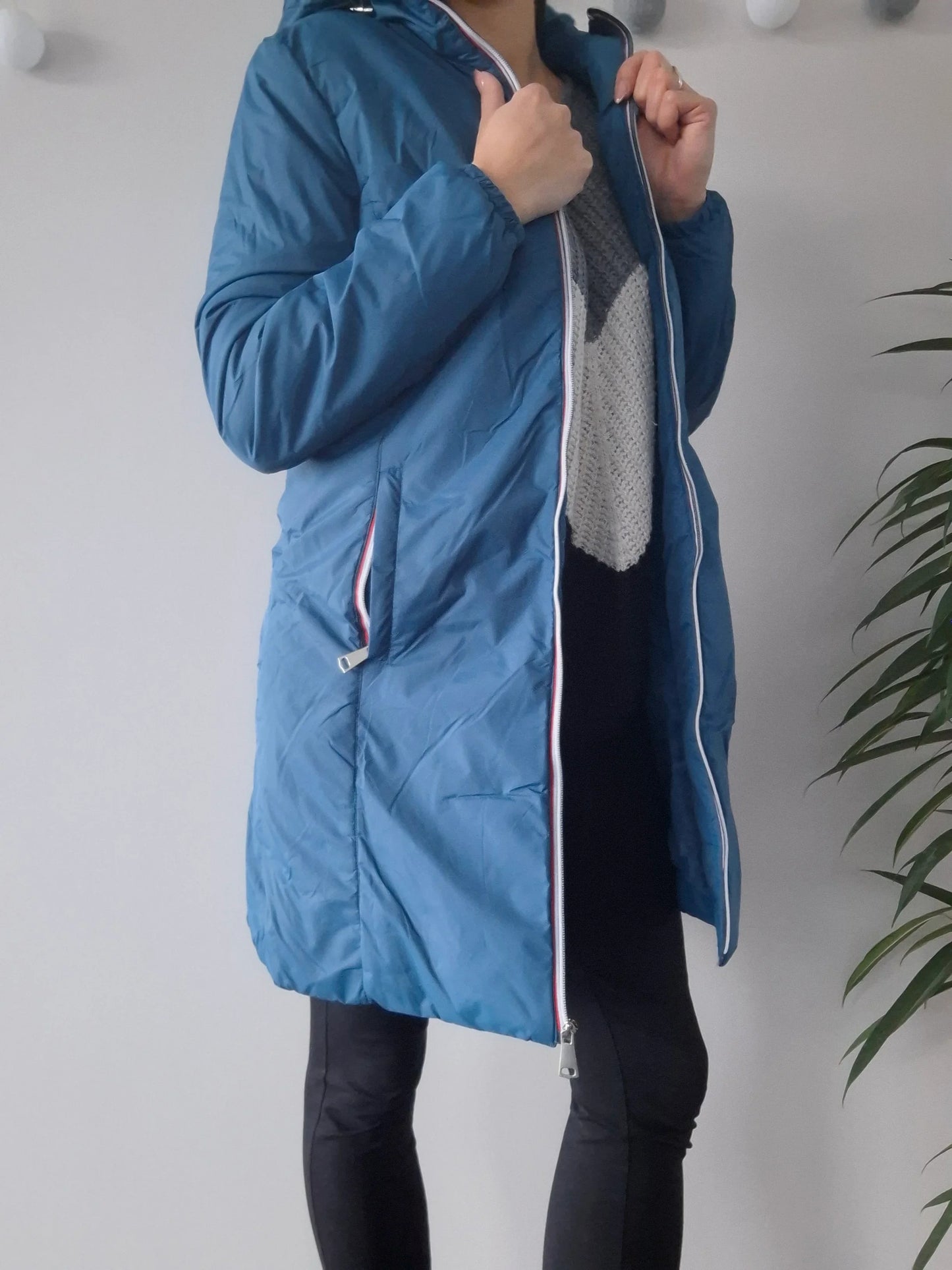 Melya Melody - Manteau long imperméable fourré fausse fourrure bleu canard