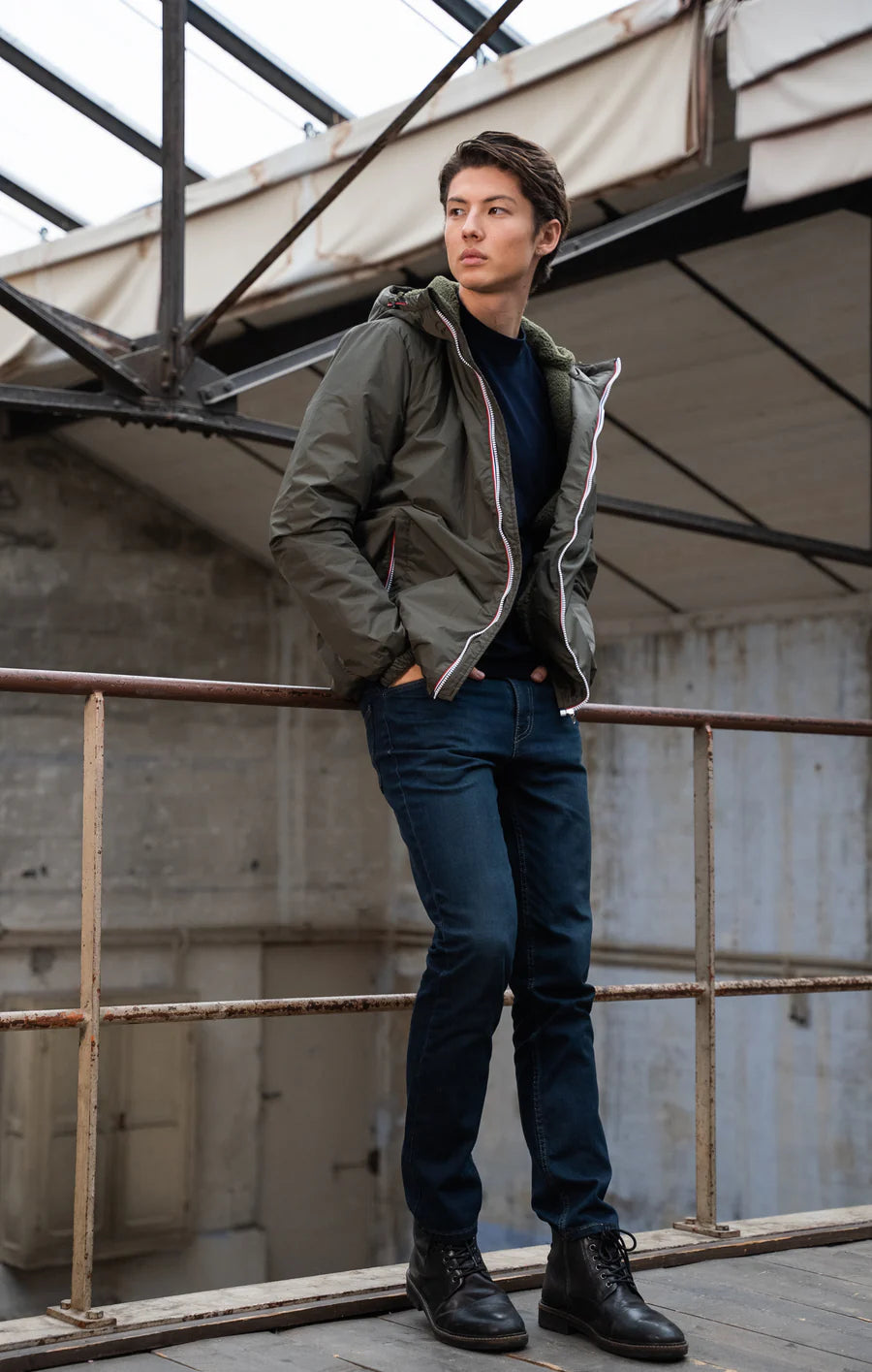 Laura Jo - Manteau HOMME imperméable court fourré fausse fourrure sherpa kaki