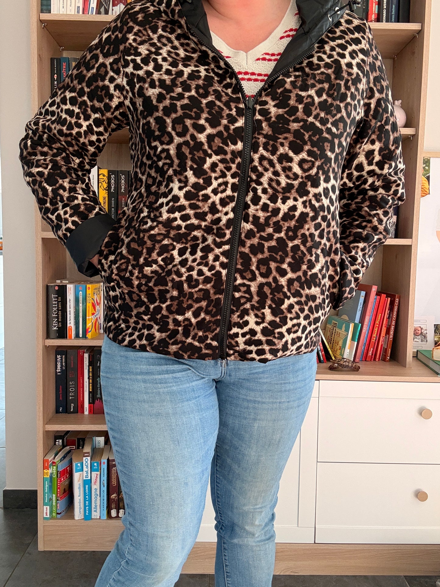 Laura Jo - Imperméable noir réversible léopard court mi-saison garnissage ouate