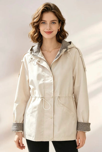 Imperméable Femme à Capuche Pied-de-Poule – Coupe Cintrée Cordon, Veste Légère Beige Printemps Automne