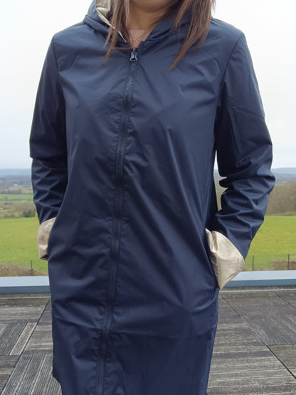 Laura Jo - Parka réversible long sans garnissage ouate couleur bleu marine doré zip uni