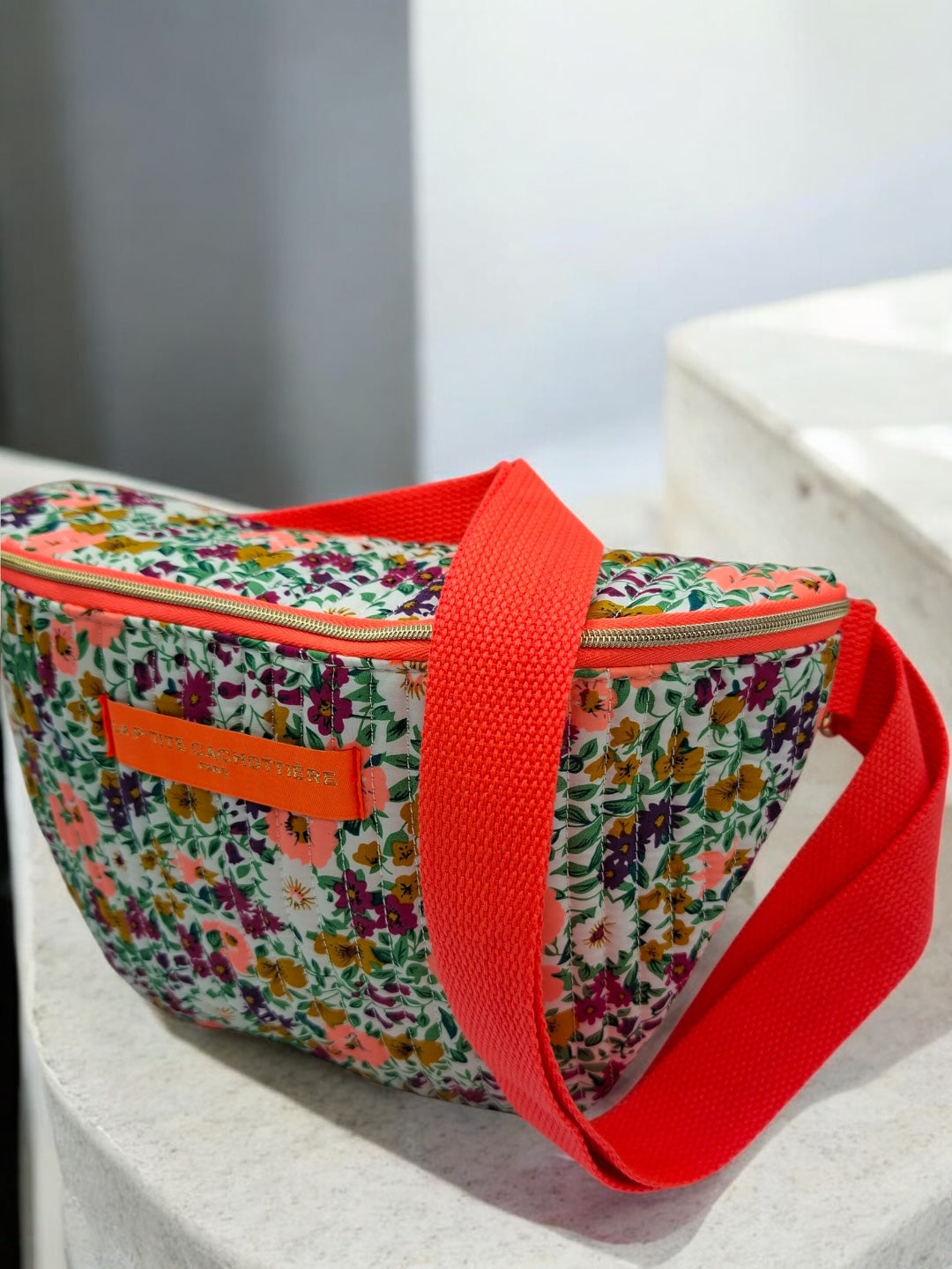 Sac banane en coton liberty fleuri orange  « La Ptite cachottière »