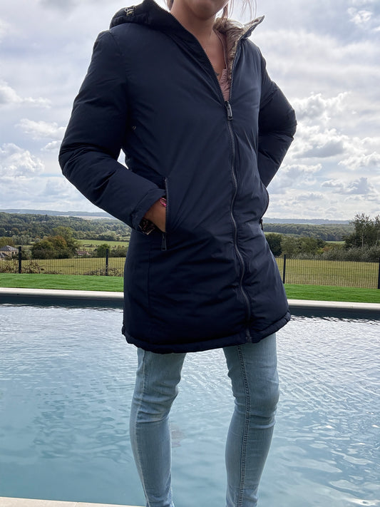 Melya Melody - Manteau long réversible et imperméable matelassé bleu marine/léopard