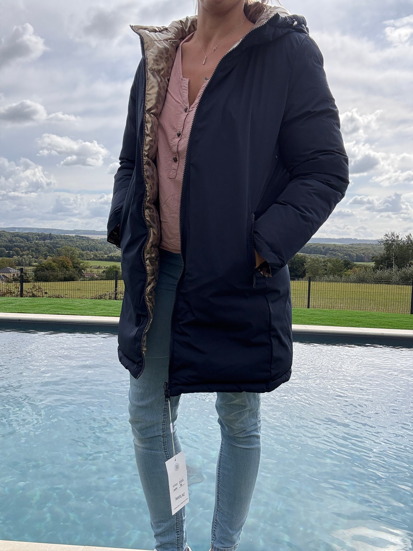 Melya Melody - Manteau long réversible et imperméable matelassé bleu marine/léopard