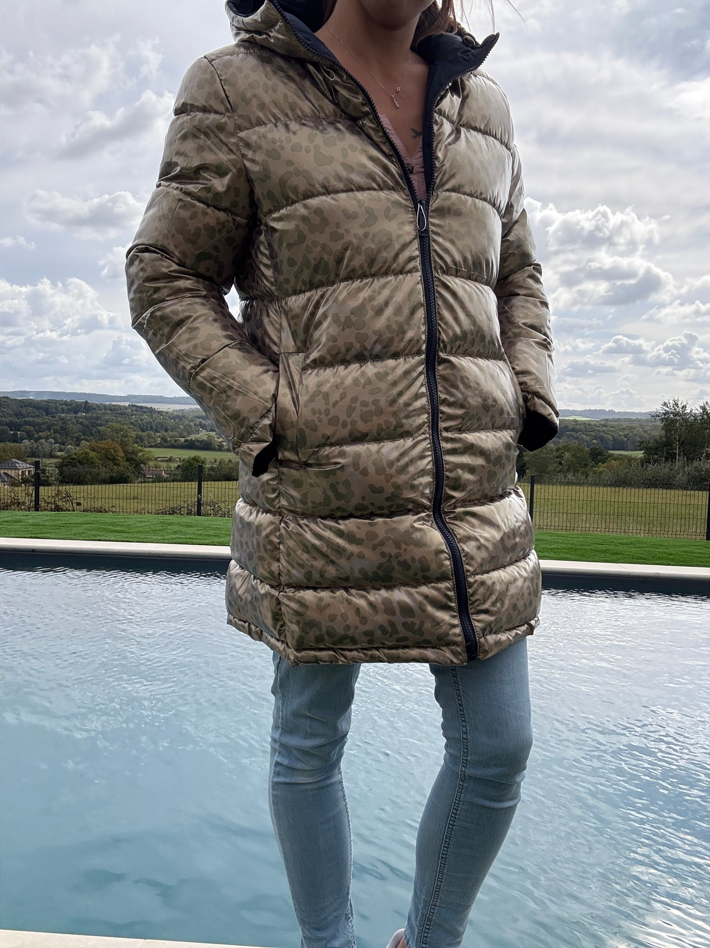 Melya Melody - Manteau long réversible et imperméable matelassé bleu marine/léopard